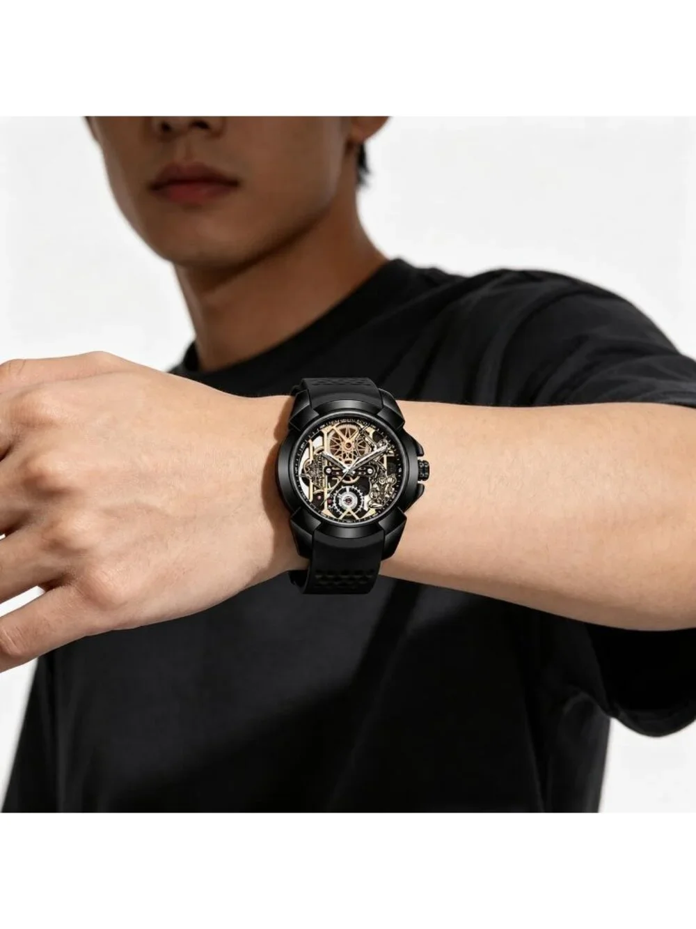 Men's Black Skeleton Luminous Quartz Silicone Strap Round Hollow Dial Watch